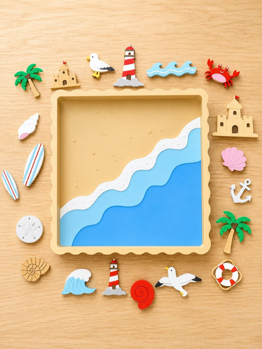 3D Printed Beach Sensory Set, Ocean Pretend Play Tray with Coastal Miniatures