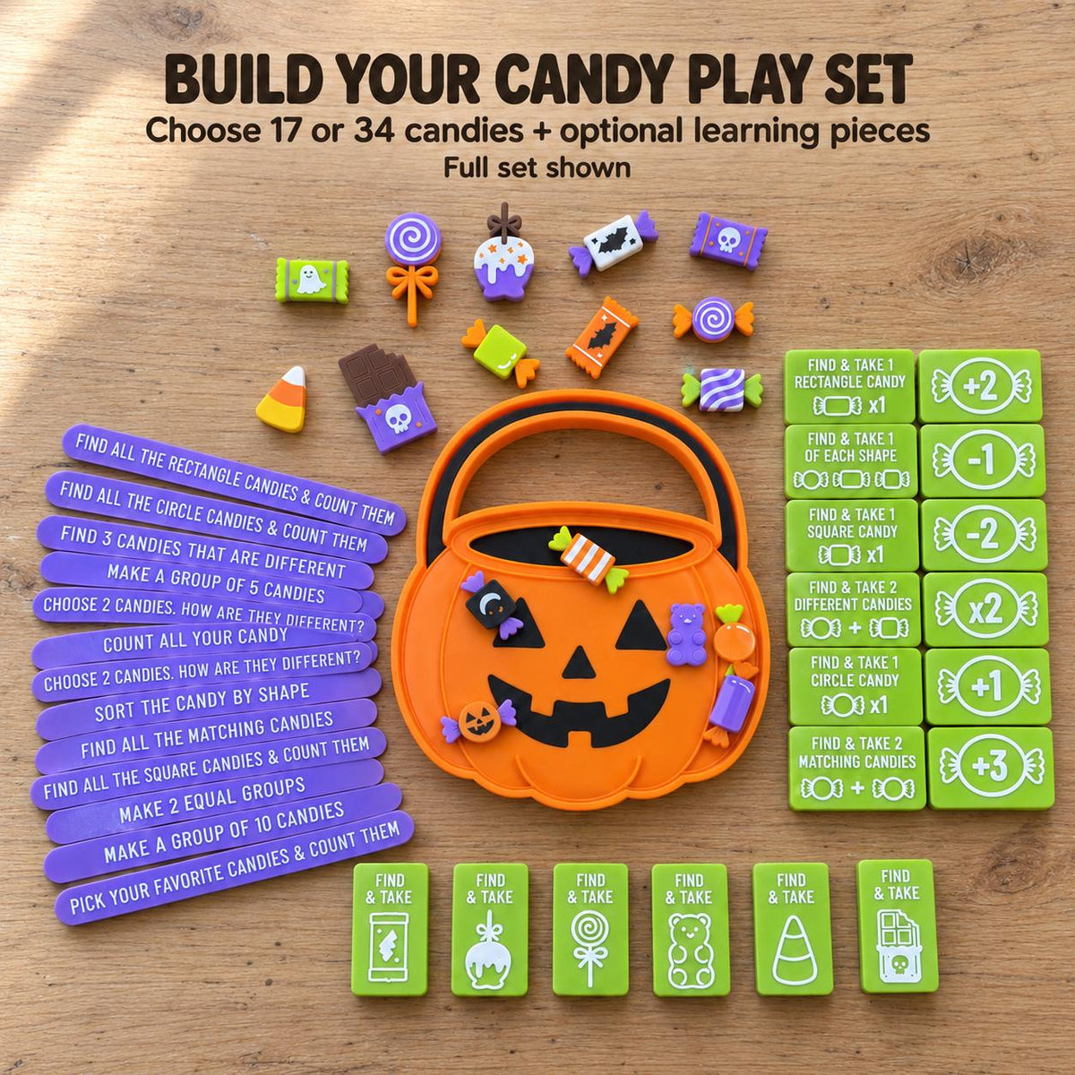 Build Your Own Halloween Candy Play Set, Pumpkin Tray, Sensory Bin Fillers, Preschool Math Game, Trick or Treat Activity