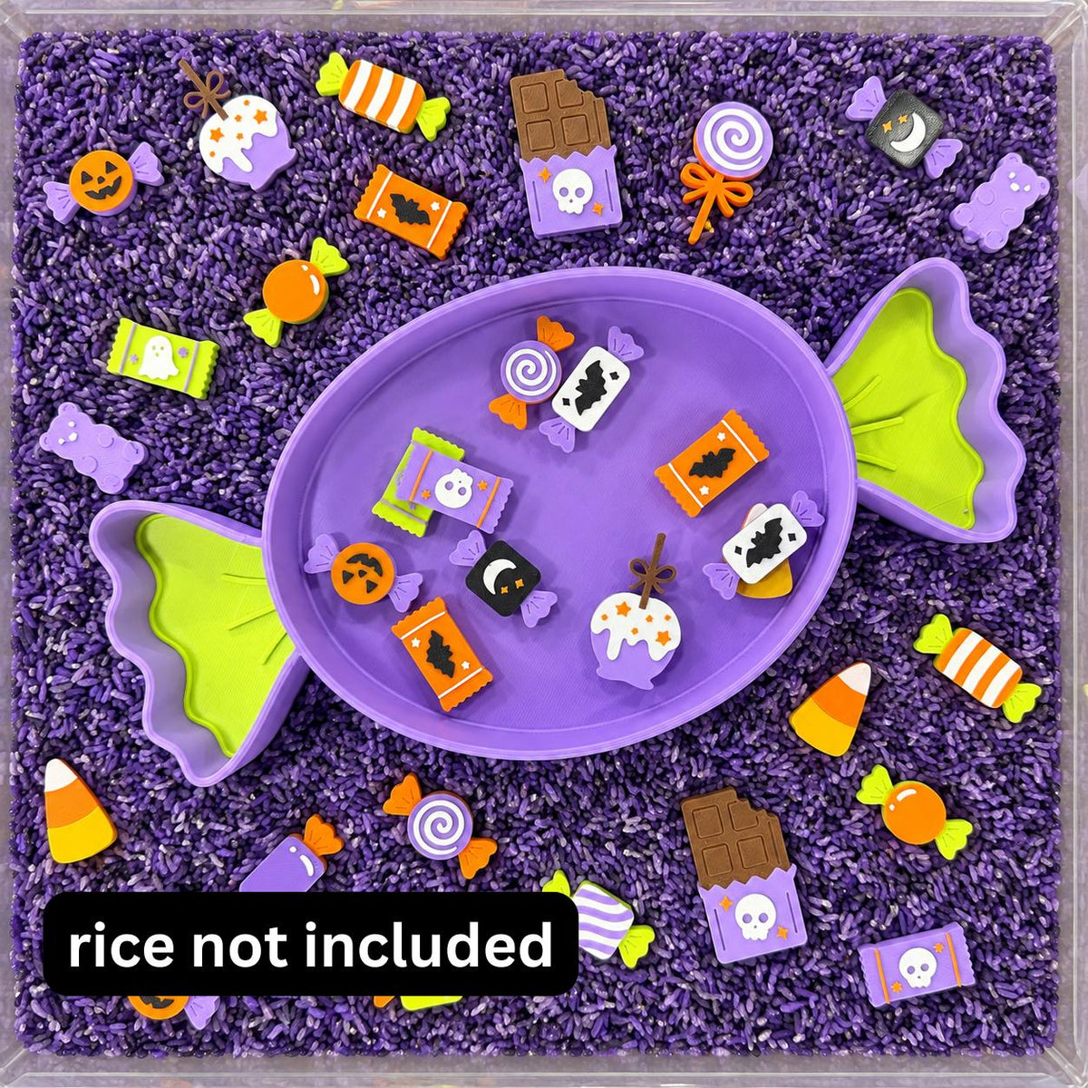 Halloween Sensory Bin Set with Candy Tray, 17 or 34 Pretend Candy Pieces, Preschool Sorting and Dramatic Play
