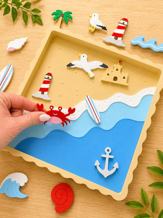 3D Printed Beach Sensory Set, Ocean Pretend Play Tray with Coastal Miniatures