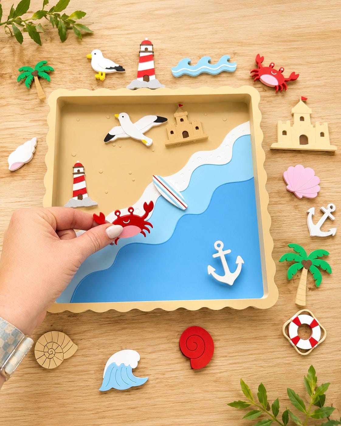 3D Printed Beach Sensory Set, Ocean Pretend Play Tray with Coastal Miniatures