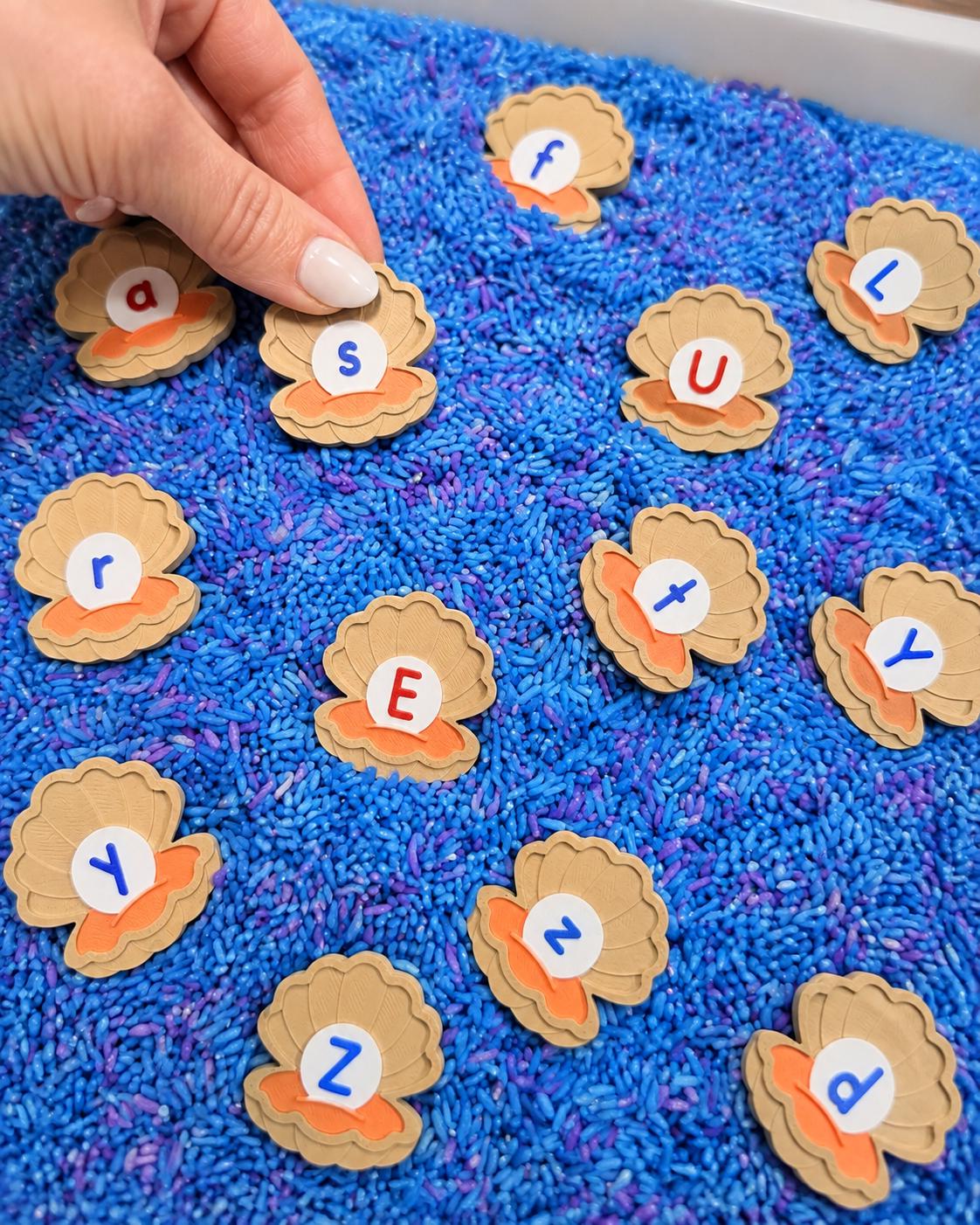 3D Printed Shell Alphabet Letters, Ocean Sensory Bin Toys, Preschool Learning Activity
