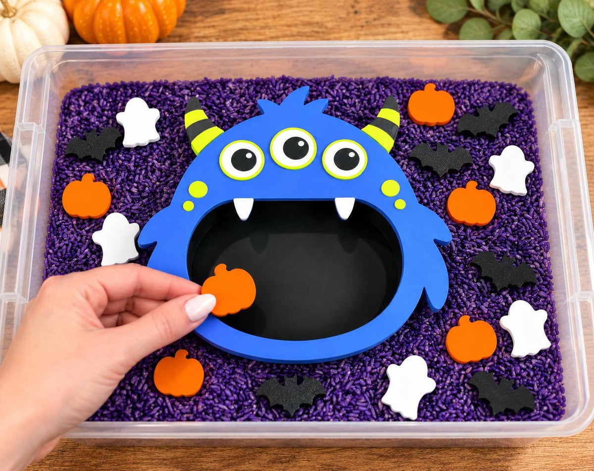 Feed the Monster Sensory Bin, Halloween, Monster Feeding Activity, Preschool Sorting Toy