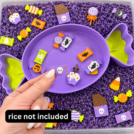 Halloween Sensory Bin Set with Candy Tray, 17 or 34 Pretend Candy Pieces, Preschool Sorting and Dramatic Play