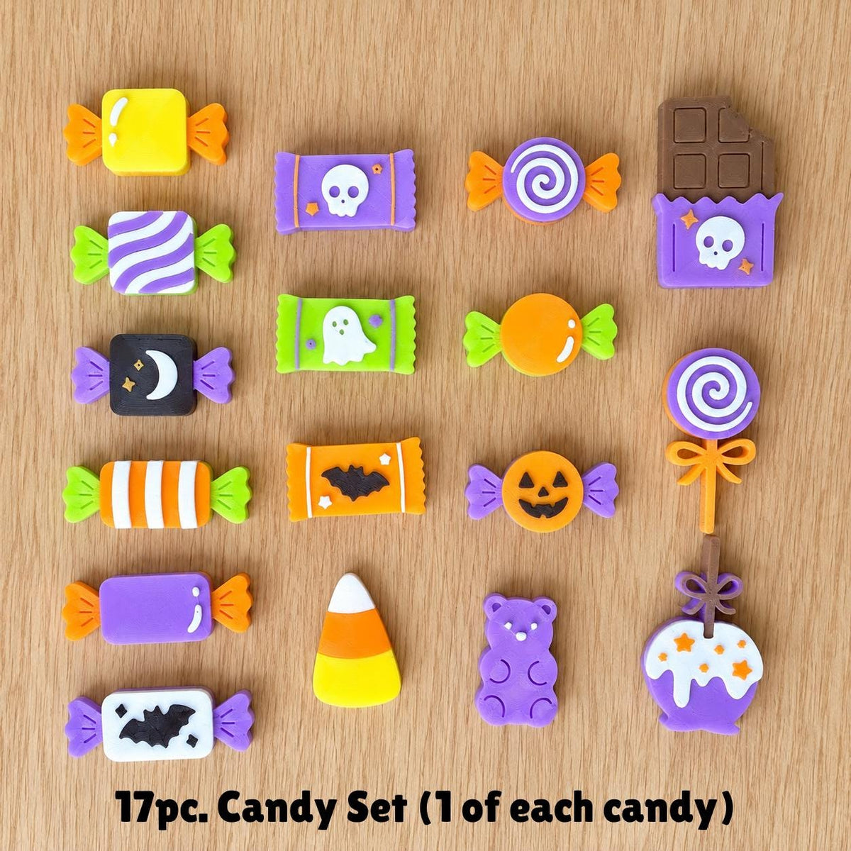Halloween Sensory Bin Set with Candy Tray, 17 or 34 Pretend Candy Pieces, Preschool Sorting and Dramatic Play