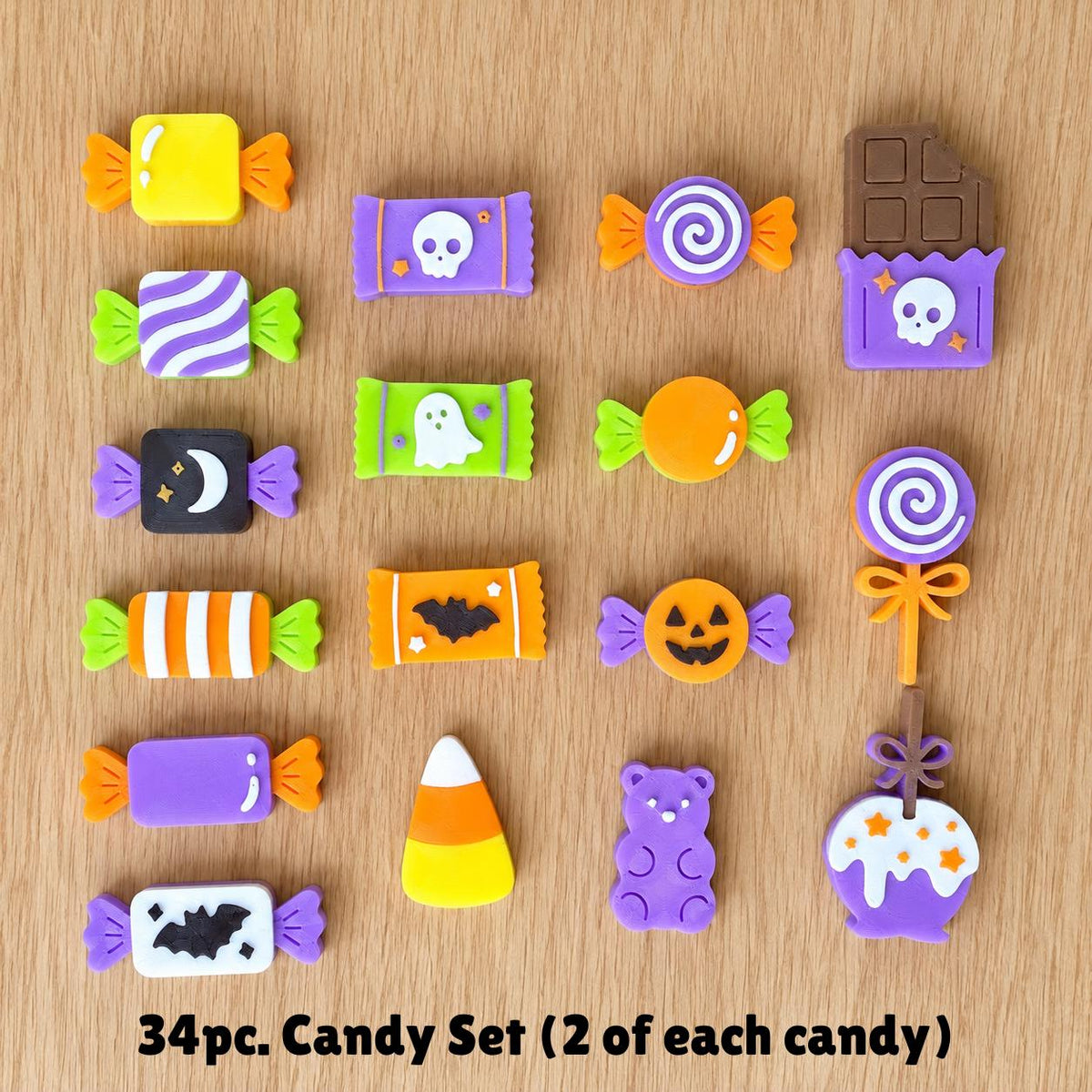 Halloween Sensory Bin Set with Candy Tray, 17 or 34 Pretend Candy Pieces, Preschool Sorting and Dramatic Play