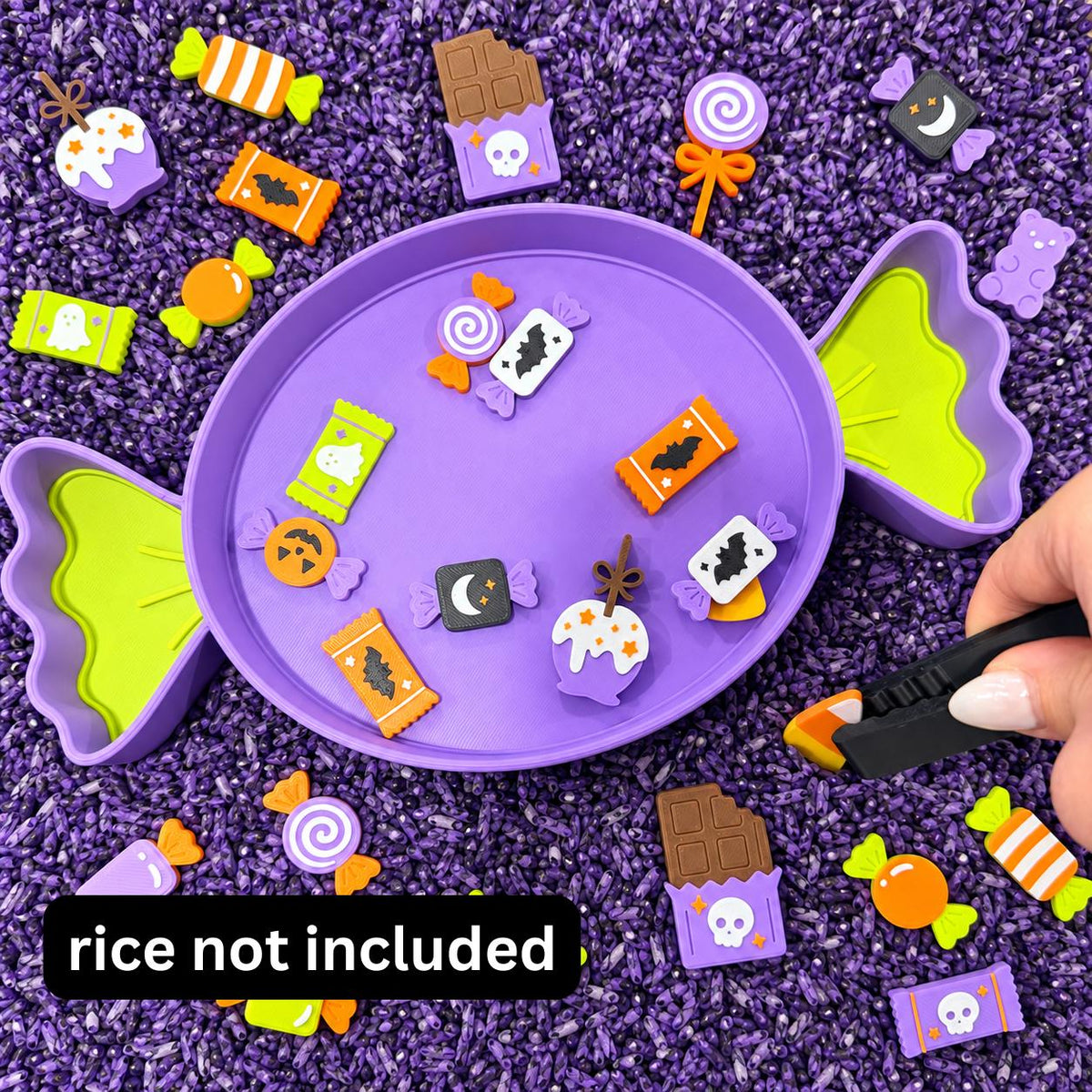 Halloween Sensory Bin Set with Candy Tray, 17 or 34 Pretend Candy Pieces, Preschool Sorting and Dramatic Play